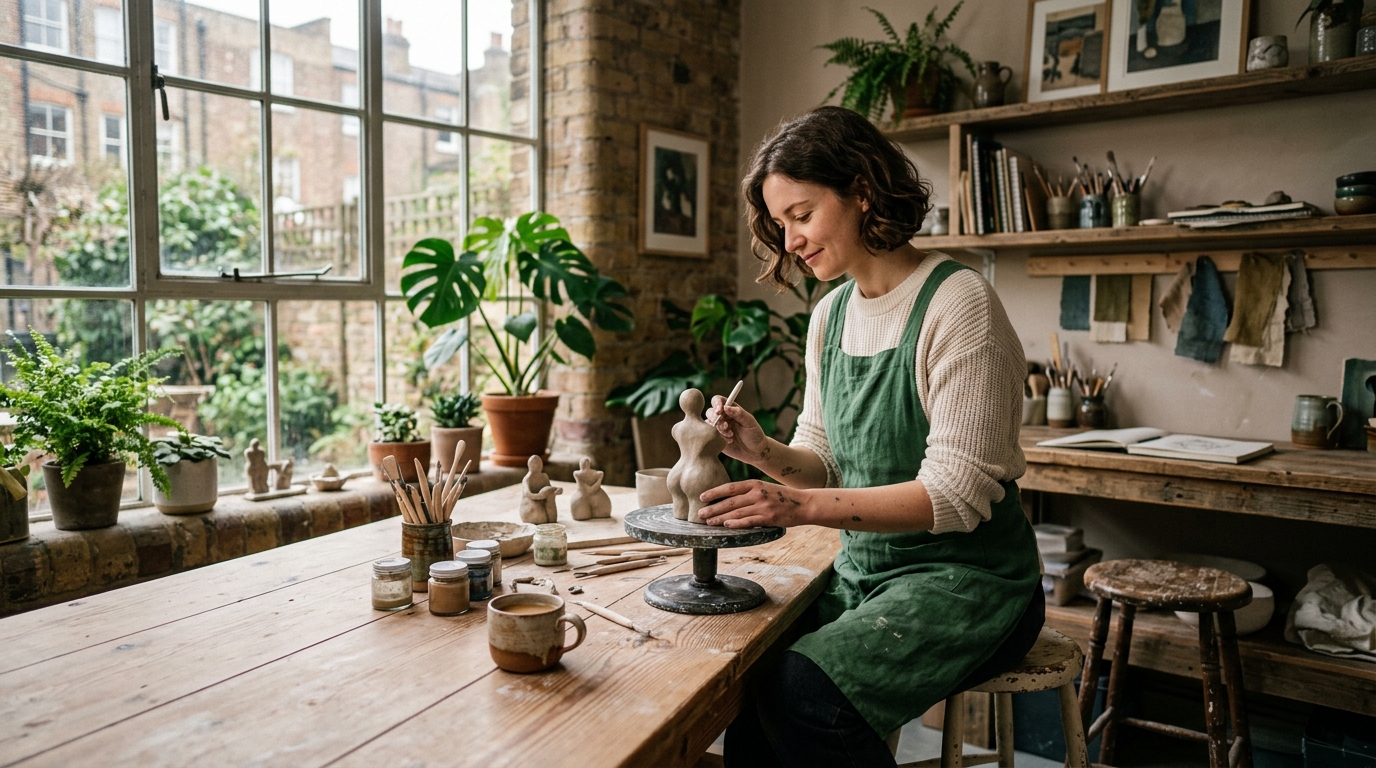 Two creative partners collaborating in a sunlit studio with mutual dedication