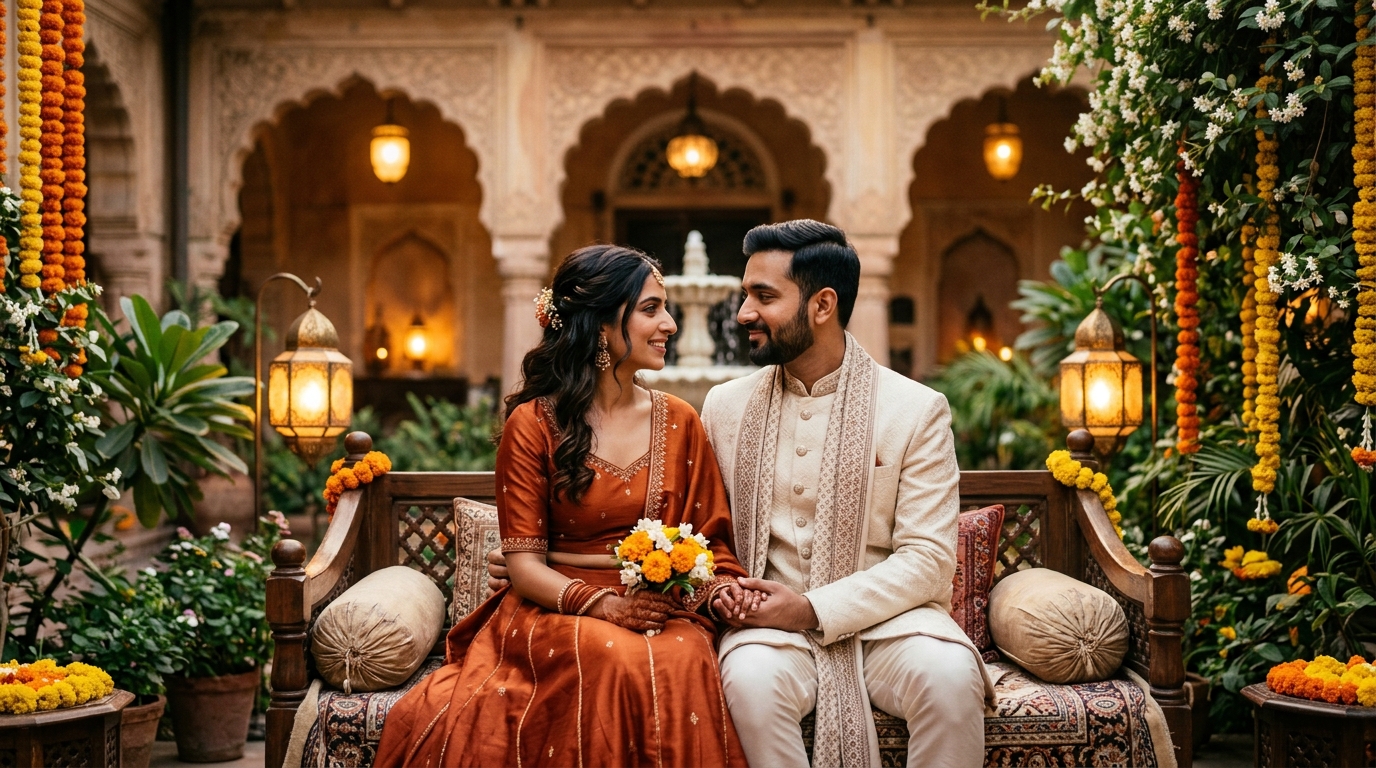 A couple in thoughtful, warm conversation in a courtyard setting