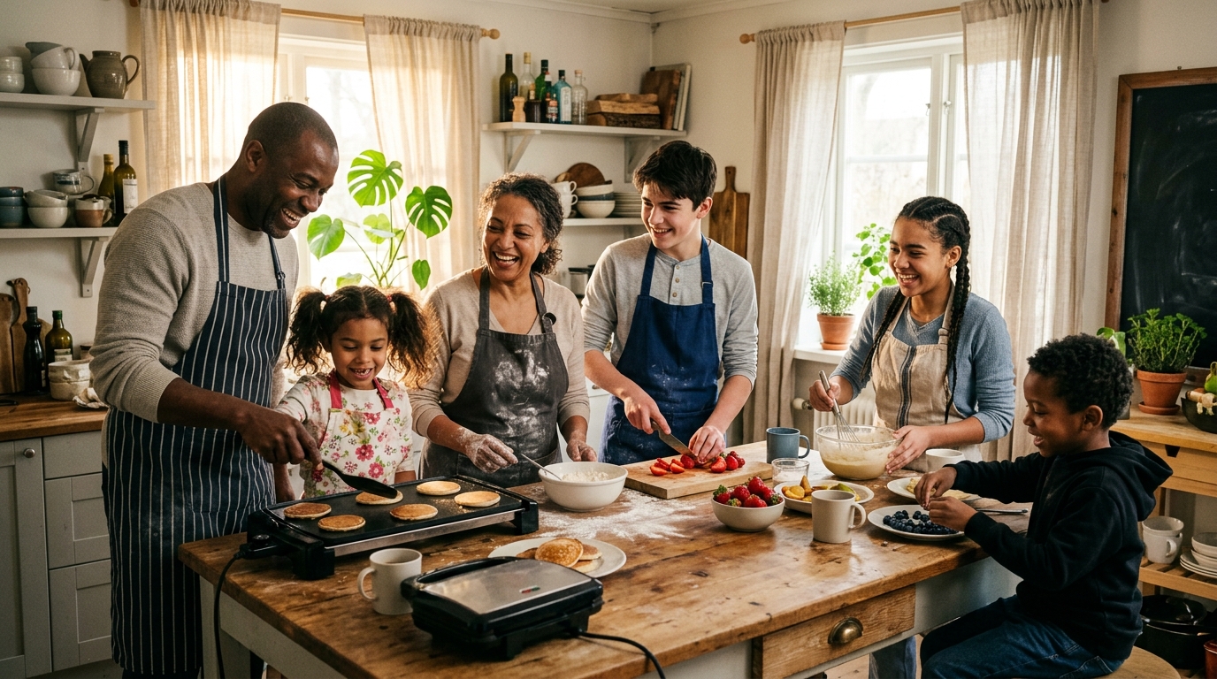 A blended family making food together happily around a kitchen counter