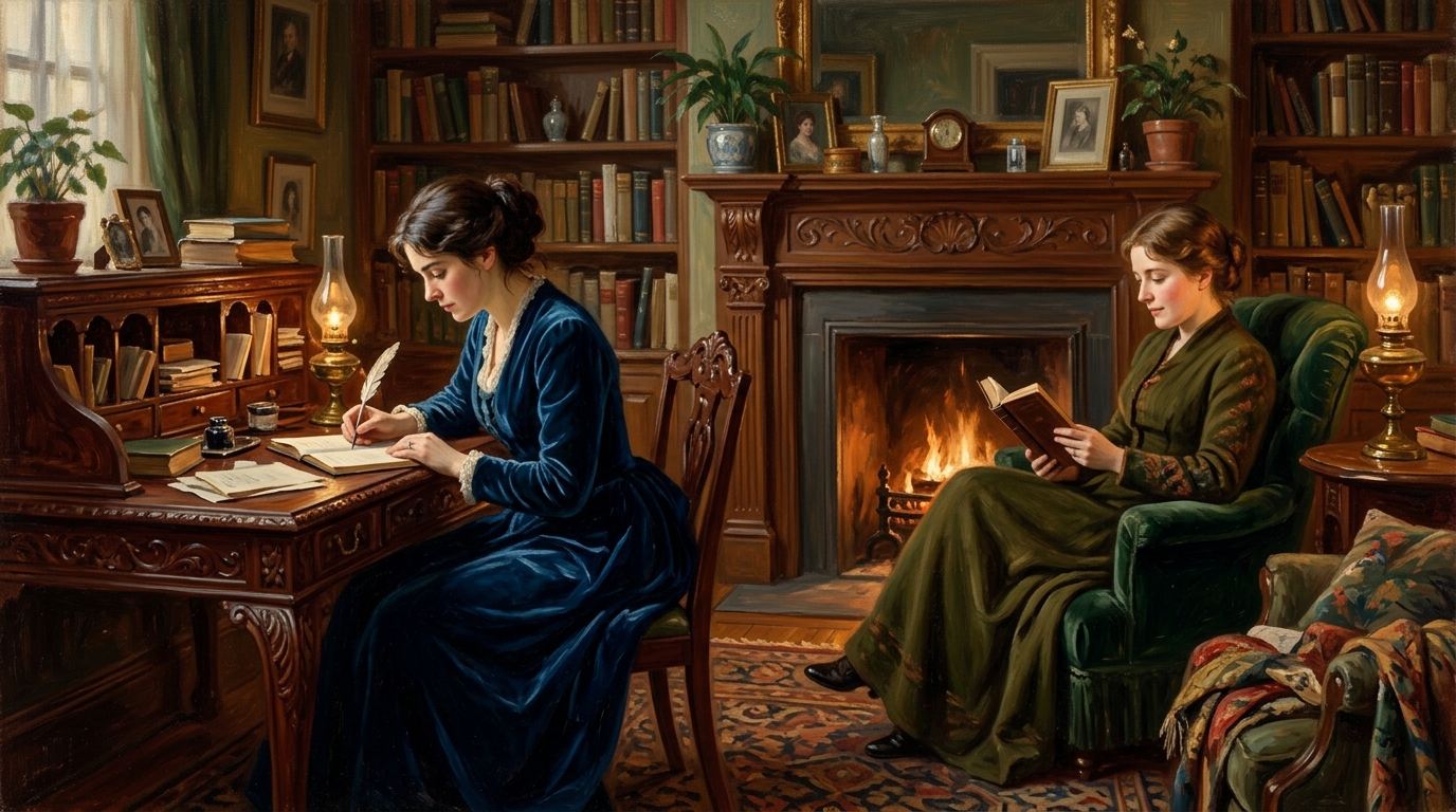 Fine art portrait of two women in late-19th-century New England library sharing an intellectual and domestic partnership