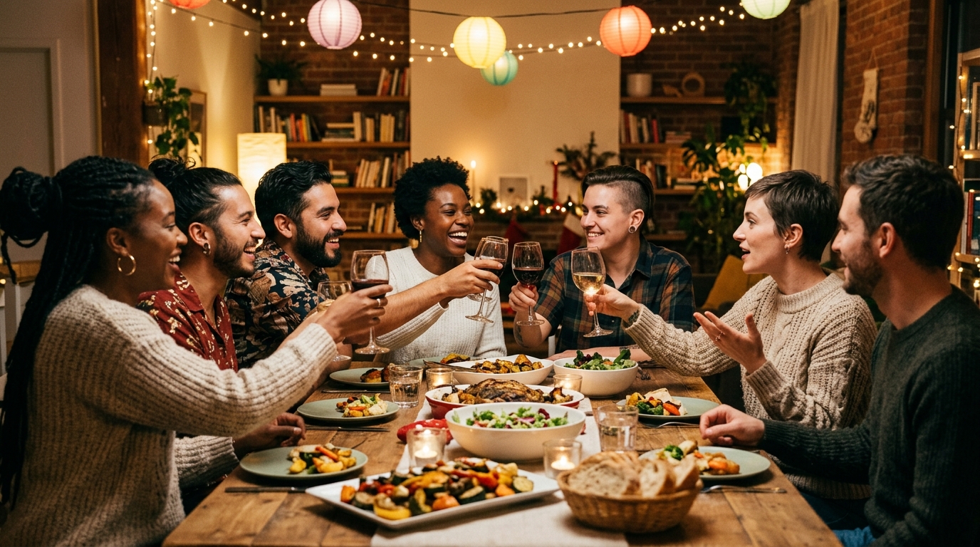 A chosen family gathered around a long festive outdoor dining table at twilight