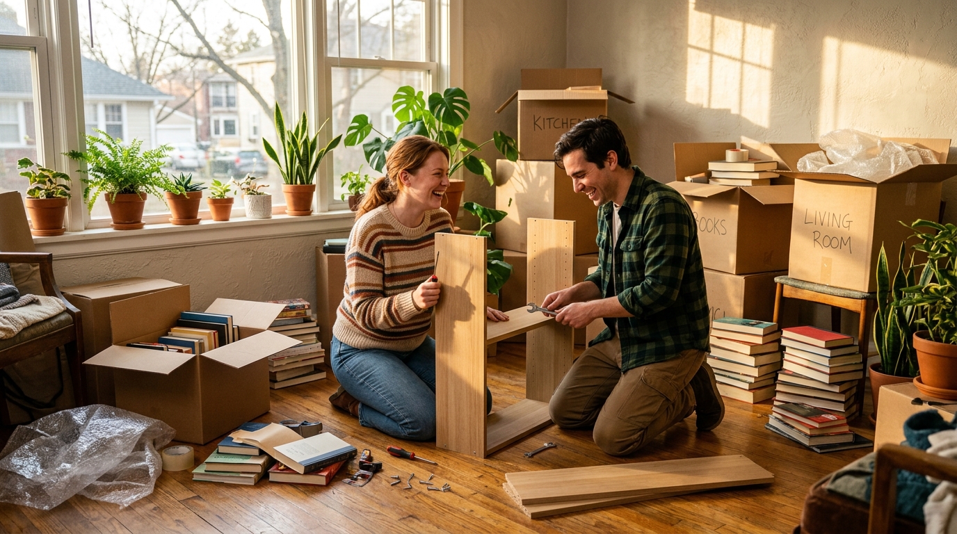 A couple unpacking and setting up their shared home together