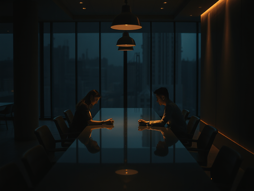 A couple sitting in quiet contemplation in an architecturally lit evening interior