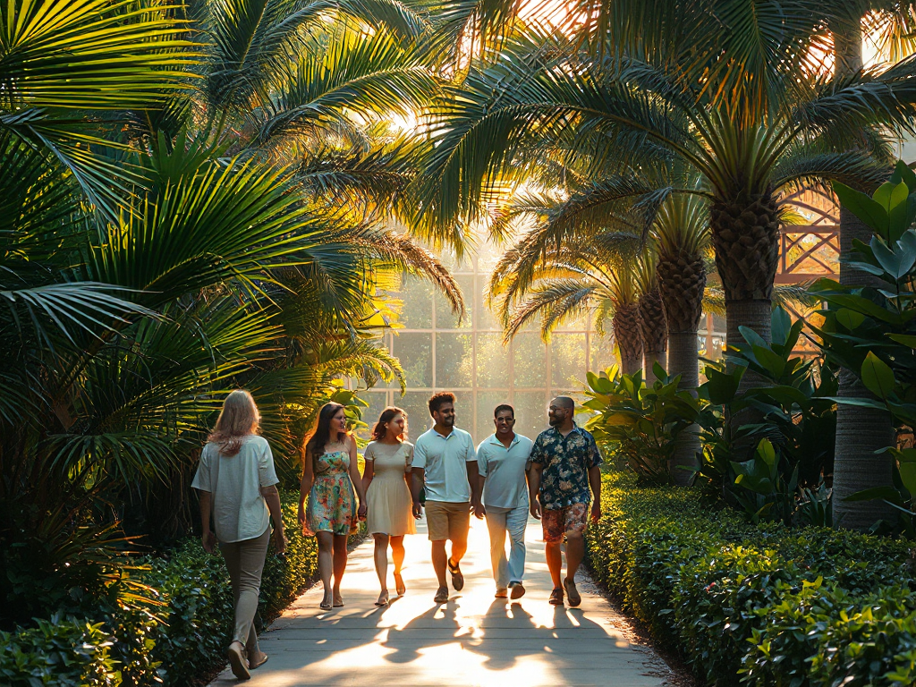 People conversing harmoniously in a golden sunlit botanical garden