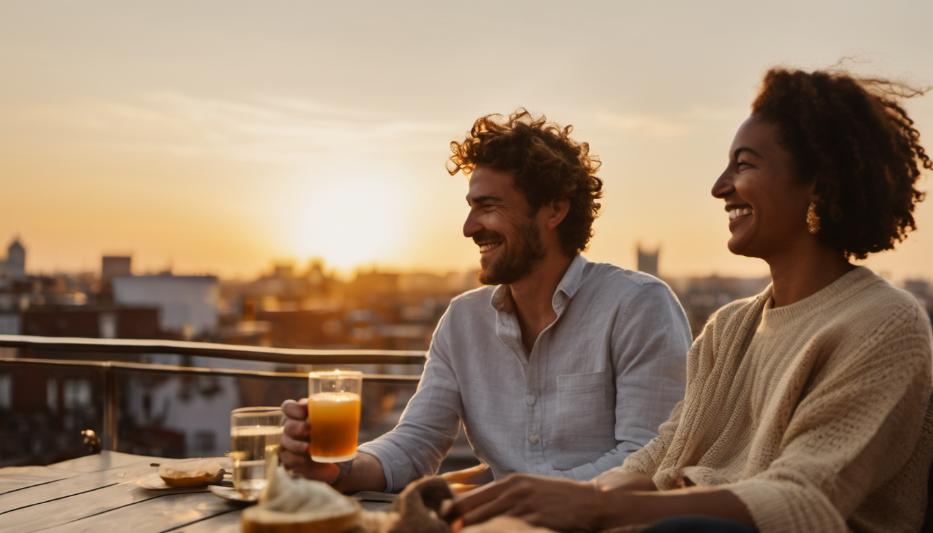 Two close friends sharing relaxed laughter and drinks on a sunlit golden hour rooftop terrace
