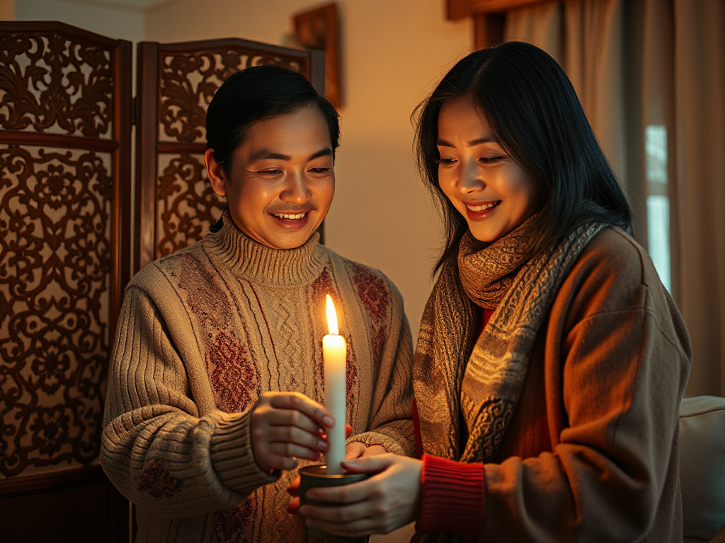 A couple blending their cultural traditions in a warm, candlelit home