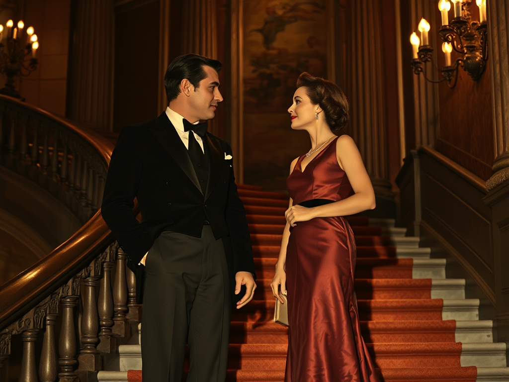 A mid-century couple sharing a knowing, protective glance of mutual alliance on a grand staircase