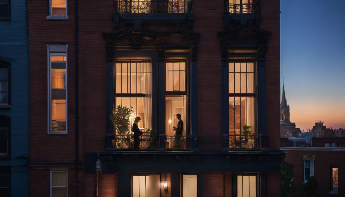 Two partners visible across adjacent glowing apartment windows in the evening