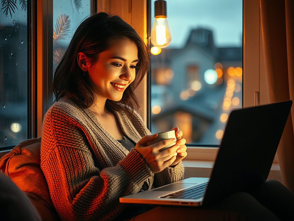 A woman smiling tenderly during an evening video call by a rain-streaked window