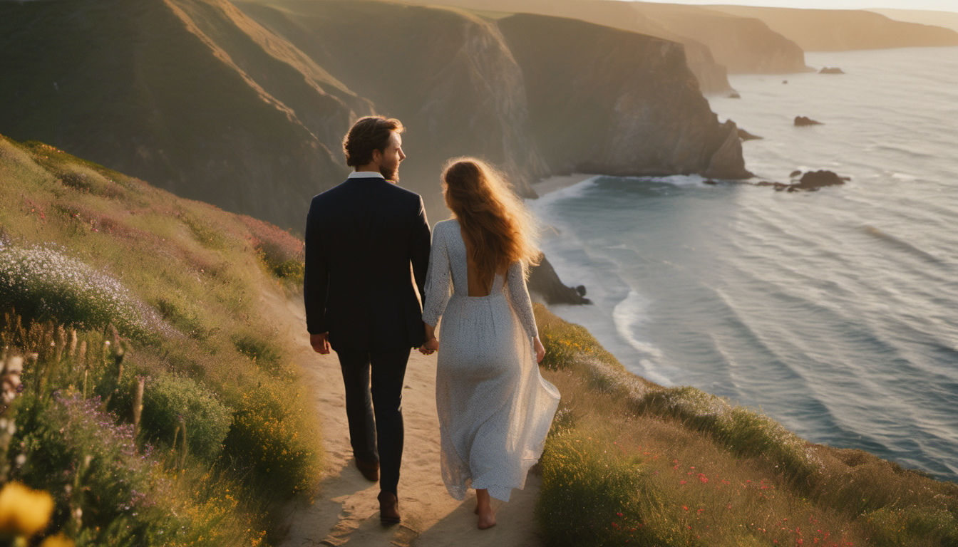A devoted couple walking together along a coastal path at sunset