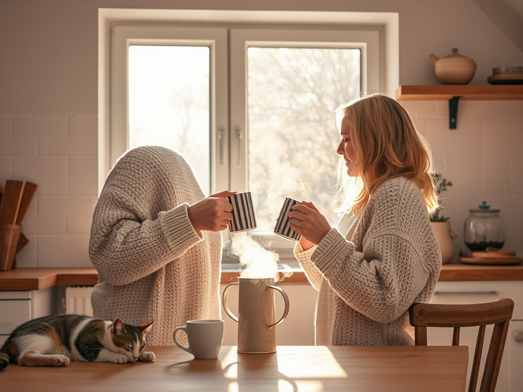 Two domestic partners making morning coffee together in a peaceful, sunny kitchen