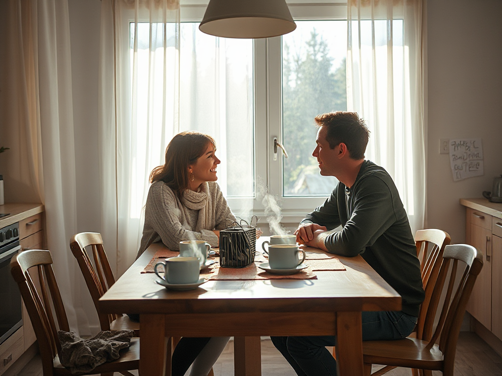A couple sharing a calm, honest conversation over morning coffee in a bright sunlit kitchen