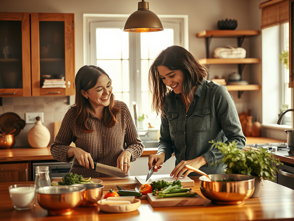 Two platonic co-parents and life partners preparing a meal in a warm home