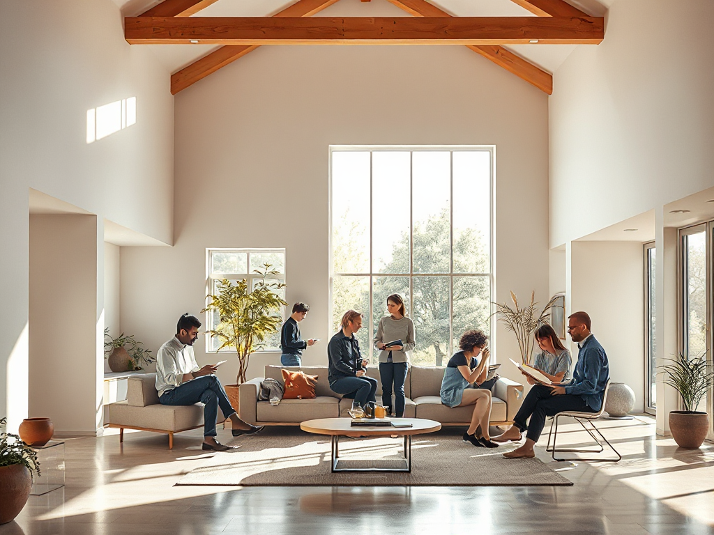 Diverse people interacting in fluid, harmonious social clusters across an open modern living space