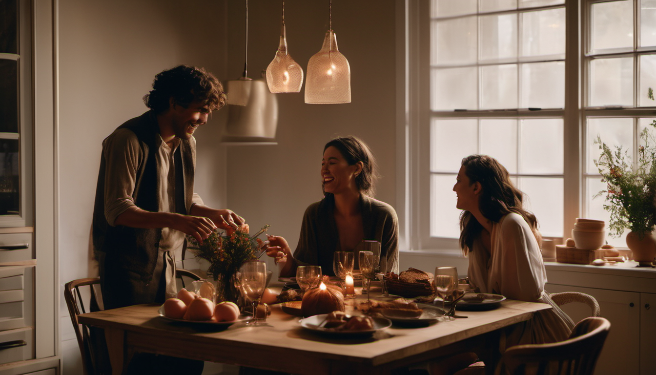 A loving group of partners sharing an affectionate dinner in a warm modern kitchen