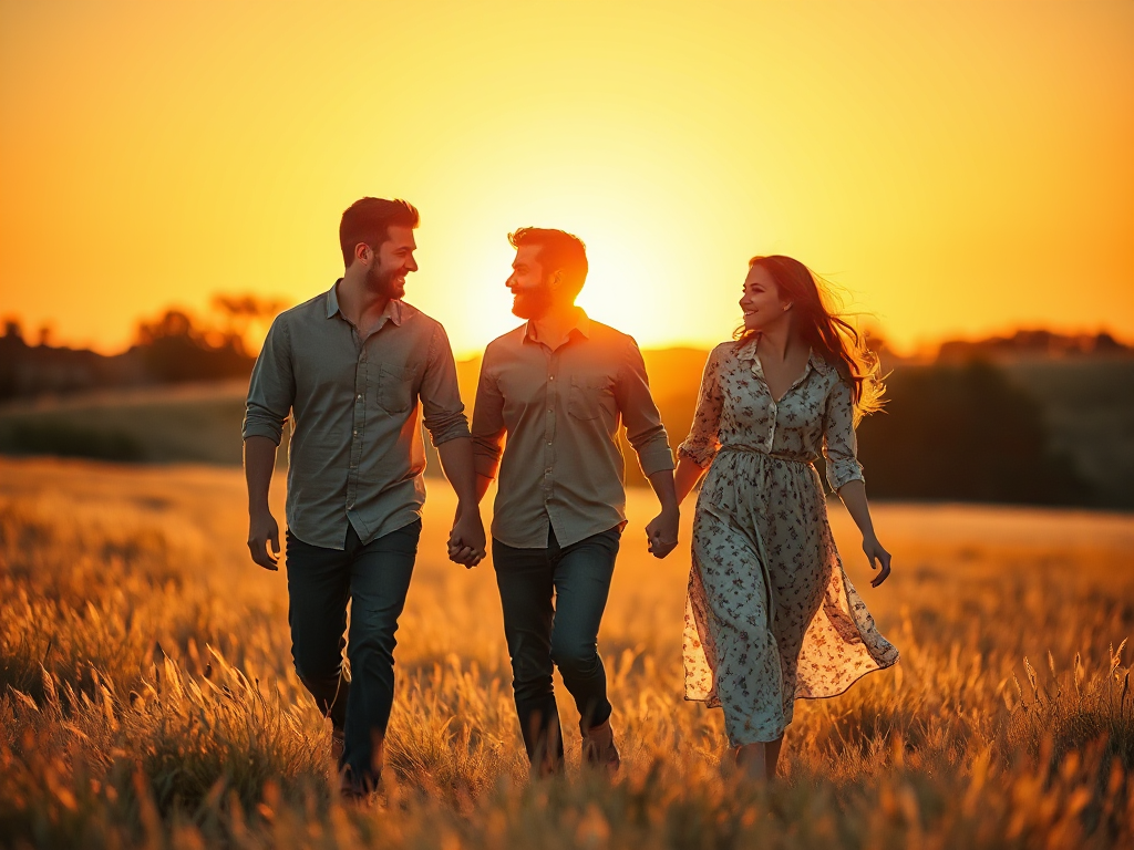 Three partners walking closely together through a sun-drenched meadow at golden hour