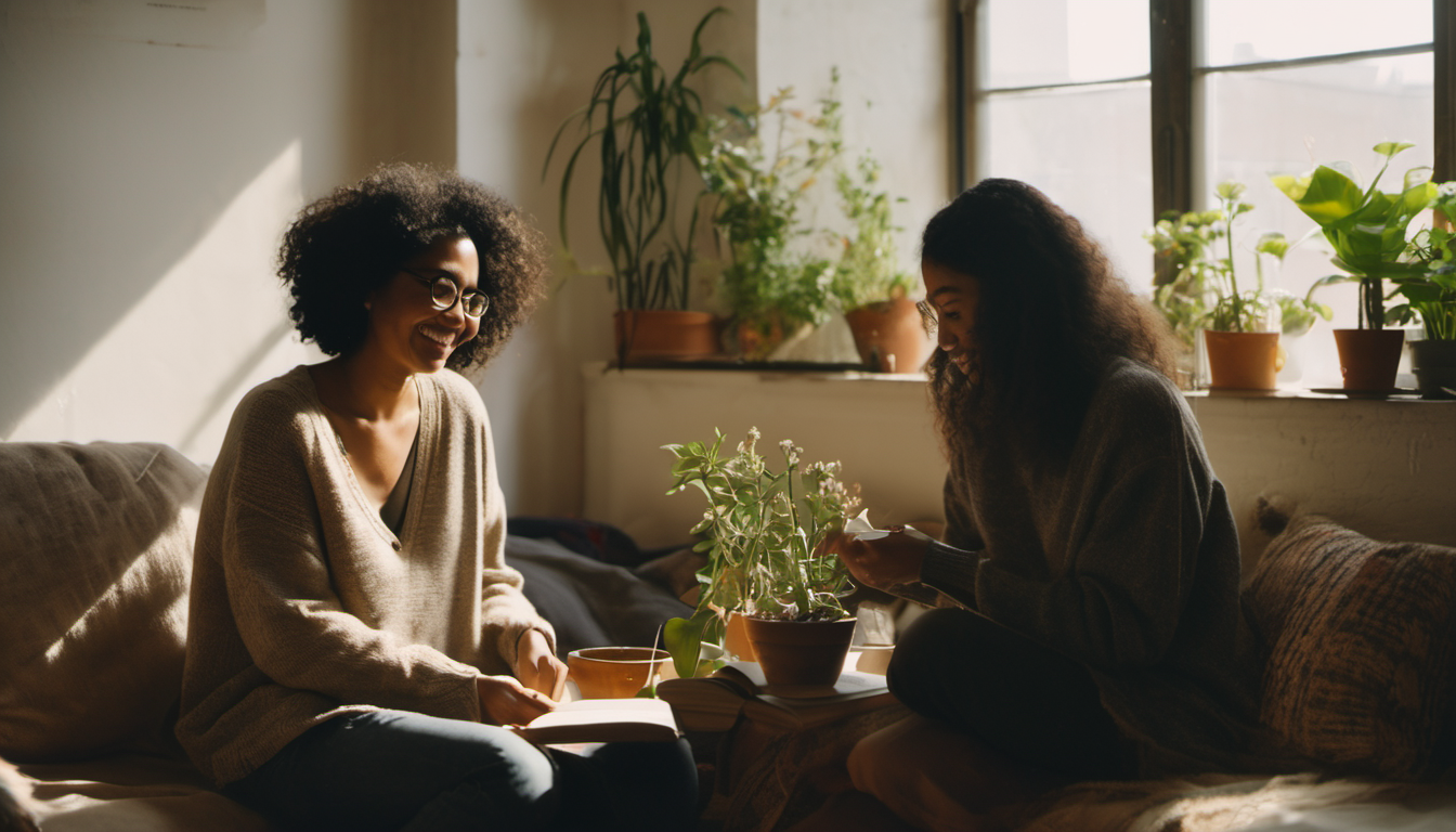 A group of close friends and lovers connecting authentically on a warm city rooftop at sunset