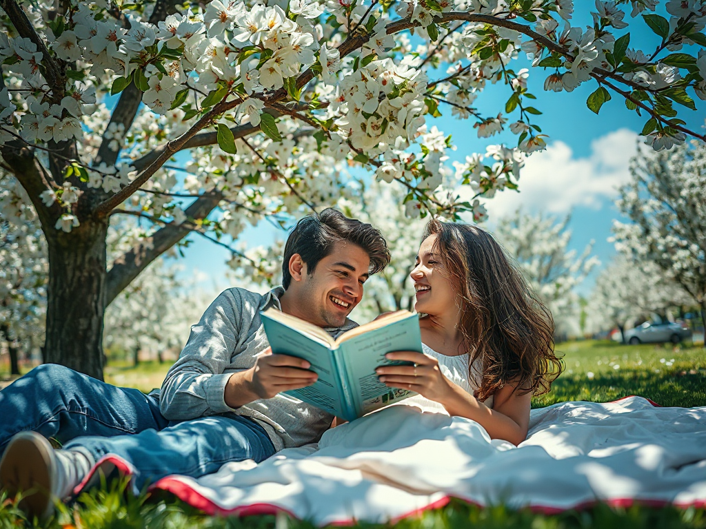 Two close friends reading together under a blooming apple tree in spring sunshine