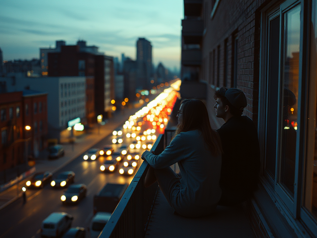 Two people sitting on an urban fire escape at dusk, looking out over city lights in contemplative intimacy