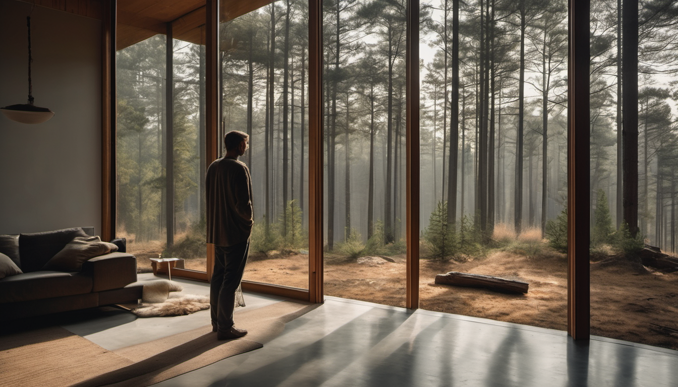 A self-anchored person holding a cup by floor-to-ceiling windows looking out over a morning mist forest