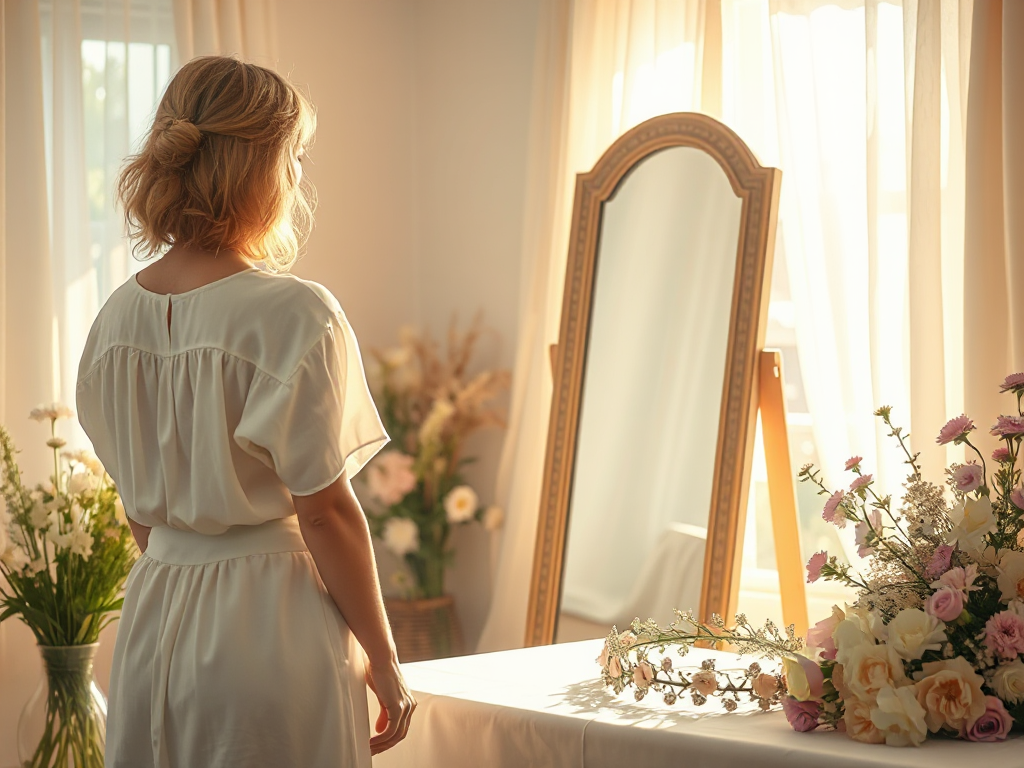 A person affirming commitment to oneself in front of a sunlit mirror