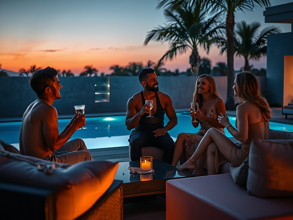 Two couples sharing cocktails and conversation by a sleek pool lounge at dusk