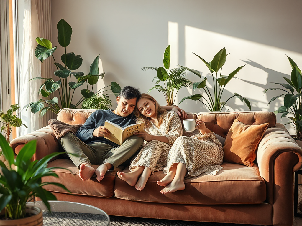 Three partners enjoying a peaceful afternoon together in a bright living space